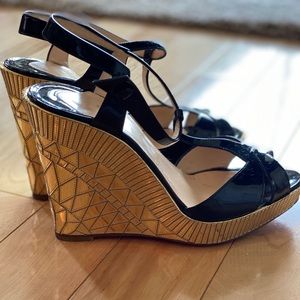 Christian Louboutin Gold and Black Art Deco Wedges
